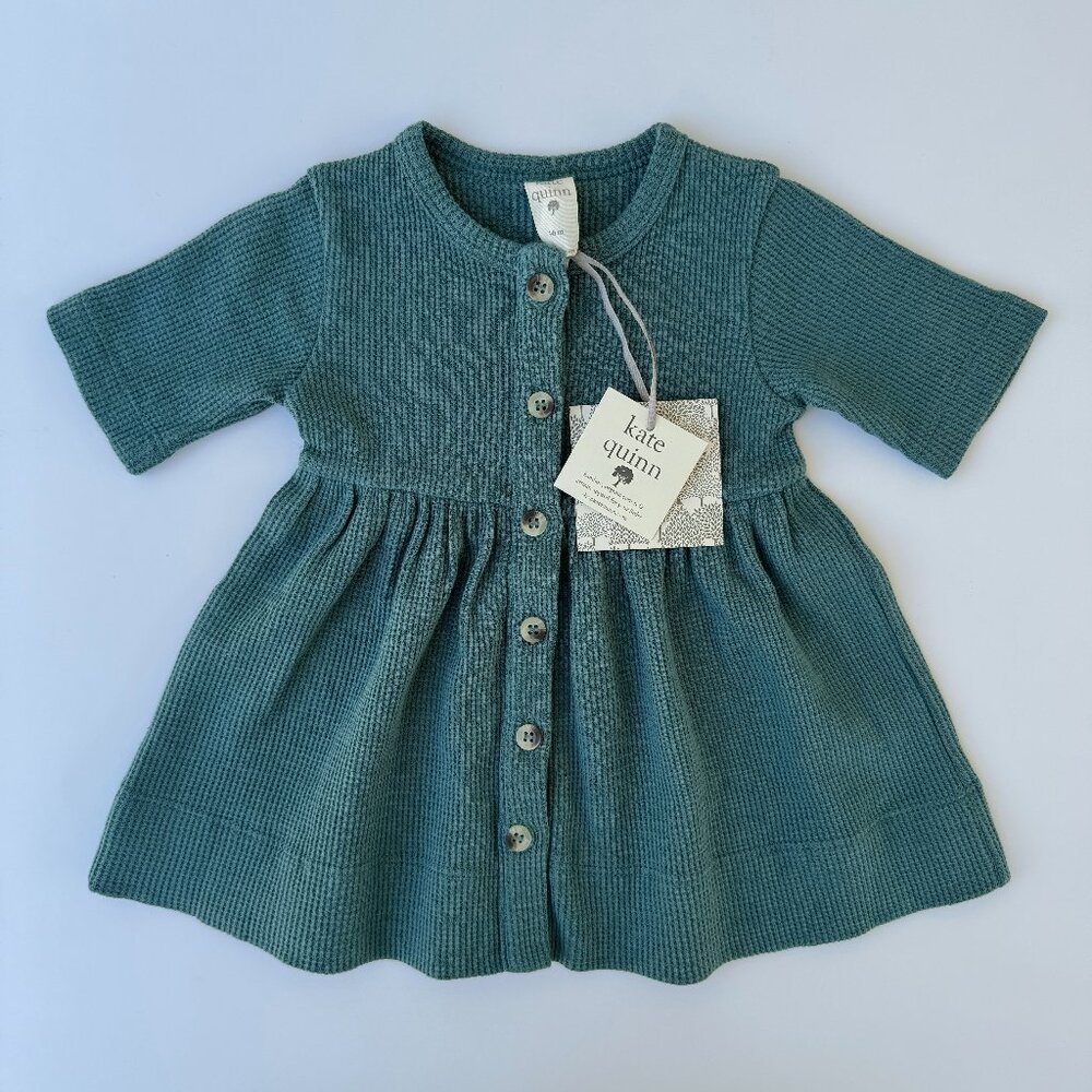 Kate Quinn Dress | Waffle Knit, Button Front | Teal | 3-6M | NWT